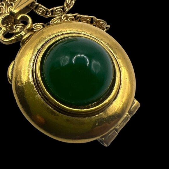 Goldette Locket Necklace Double Strand Jade Green Glass Gold Tone Signed